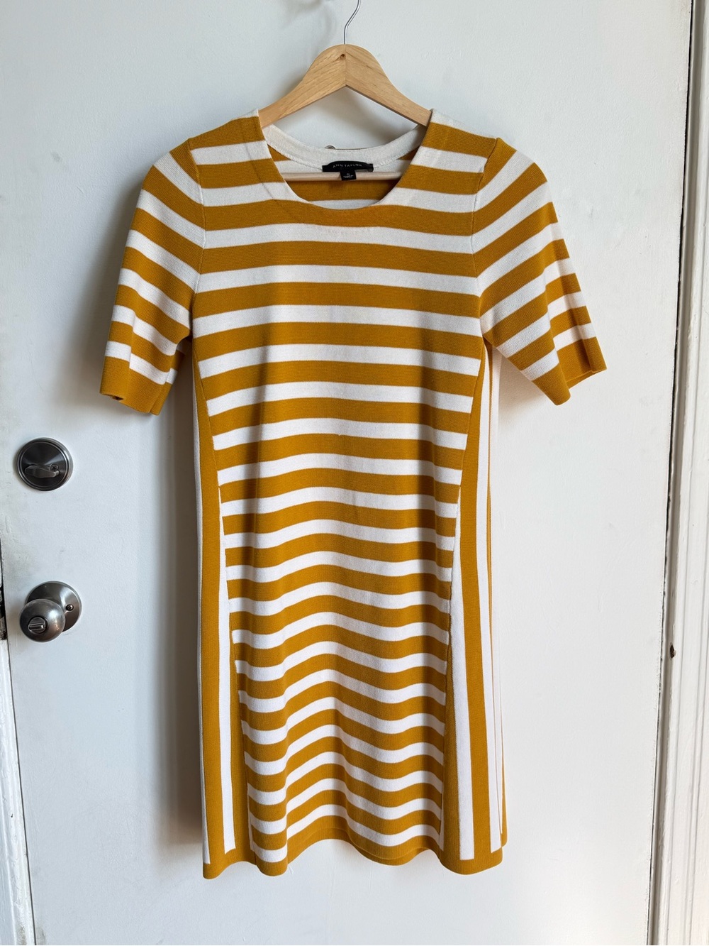 Ann Taylor Striped Short-Sleeve Knit Mini Dress in Mustard and White